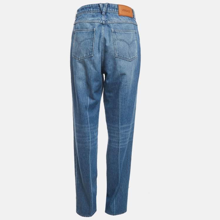 Pre Owned Versace Blue Washed High Rise Denim Straight Leg Jeans M Waist 30"