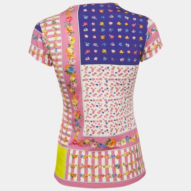 Pre Owned Versace Pink Printed Jersey V Neck T-Shirt S 