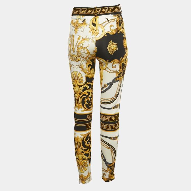 Pre Owned Versace White/Yellow Rodeo Barocco Print Jersey Leggings L