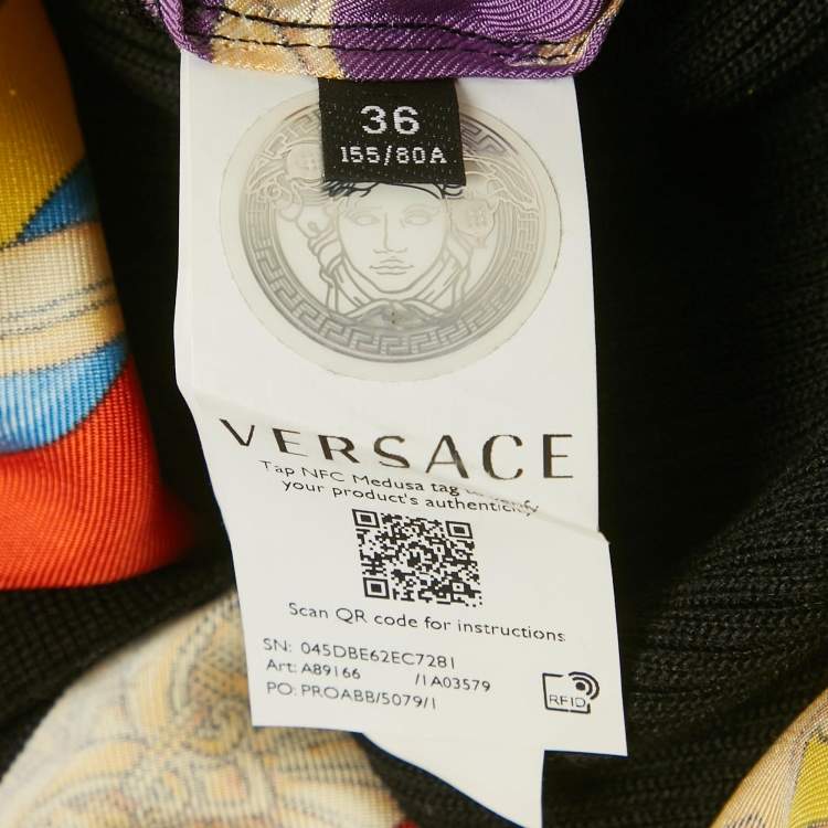 Pre Owned Versace Black/Yellow Barocco Print Silk and Rib Knit Cardigan XS