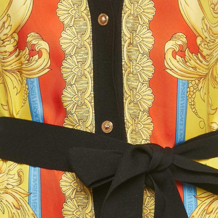 Pre Owned Versace Black/Yellow Barocco Print Silk and Rib Knit Cardigan XS