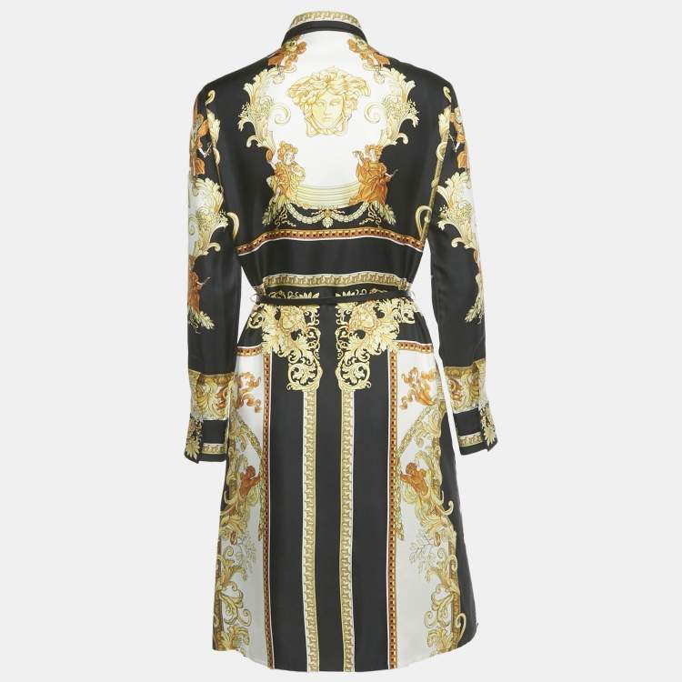 Pre Owned Versace Black/Yellow Barocco Print Silk Belted Shirt Dress S