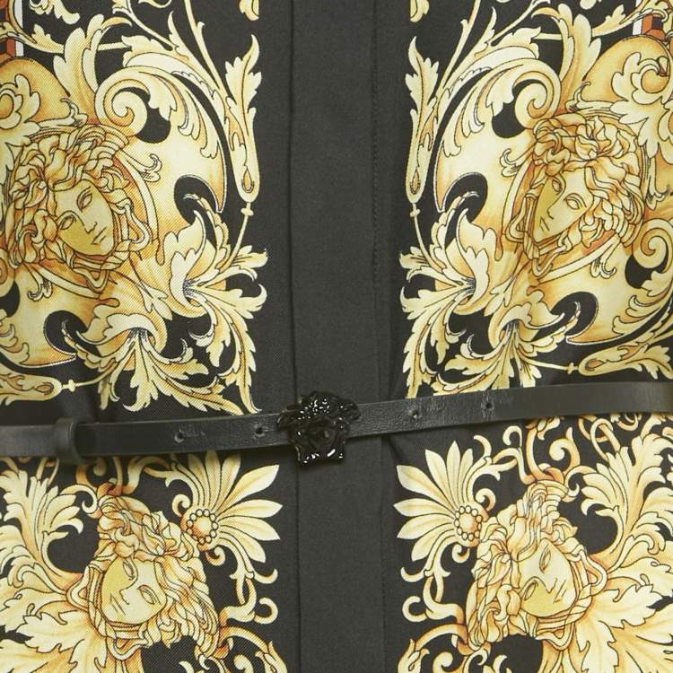 Pre Owned Versace Black/Yellow Barocco Print Silk Belted Shirt Dress S