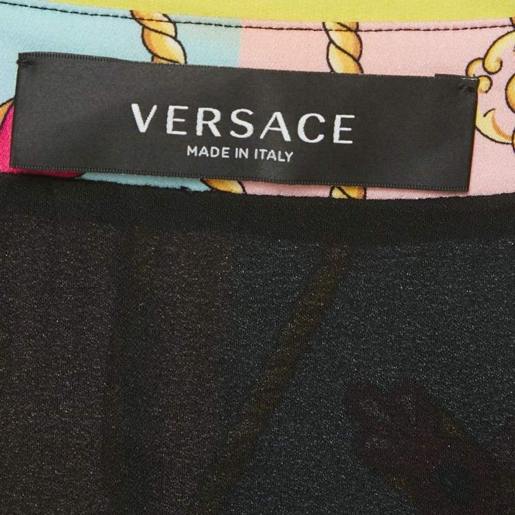 Pre Owned Versace Multicolor Ventagli Print Silk Zip Up Shirt Midi Dress L