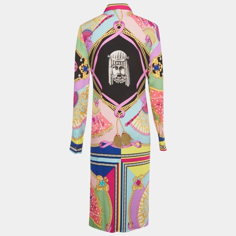 Pre Owned Versace Multicolor Ventagli Print Silk Zip Up Shirt Midi Dress L