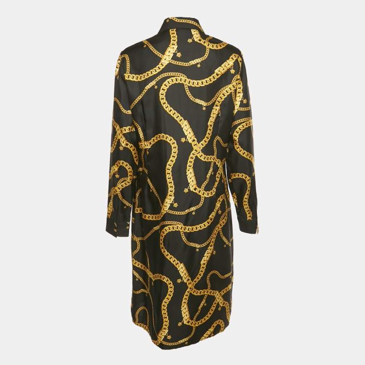 Pre Owned Versace Black Chain Print Silk Shirt Dress L