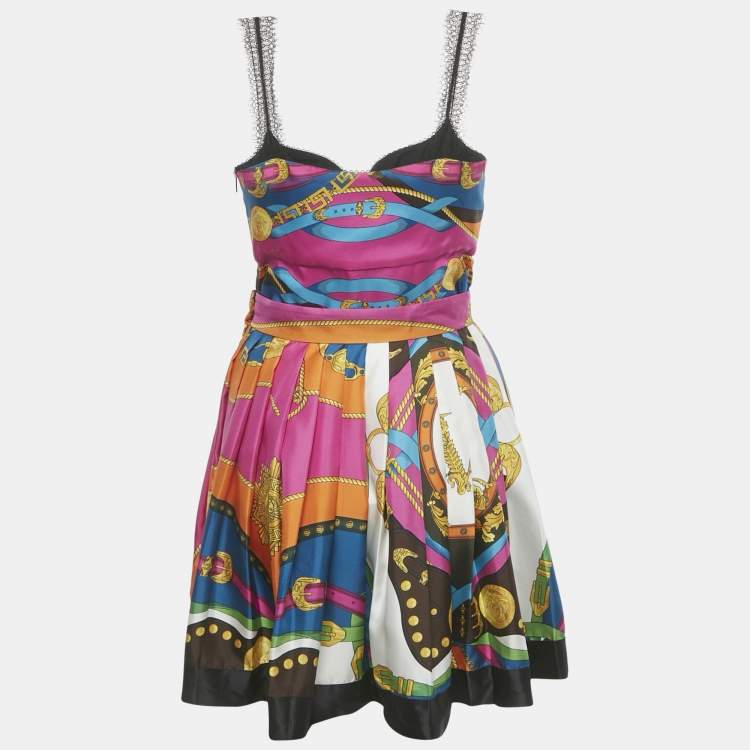 Pre Owned Versace Multicolor Printed Silk Top and Skirt Set S