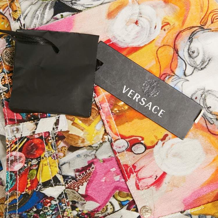 Pre Owned Versace Multicolor Printed Denim Shorts S/Waist 24"