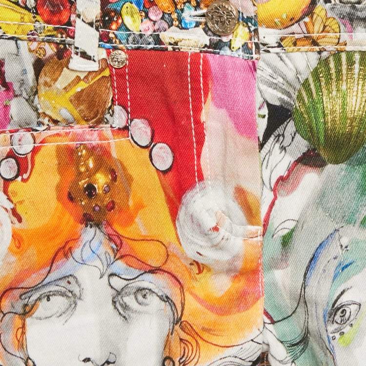 Pre Owned Versace Multicolor Printed Denim Shorts S/Waist 24"