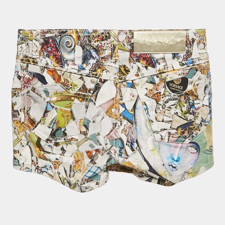 Pre Owned Versace Multicolor Printed Denim Shorts S/Waist 24"