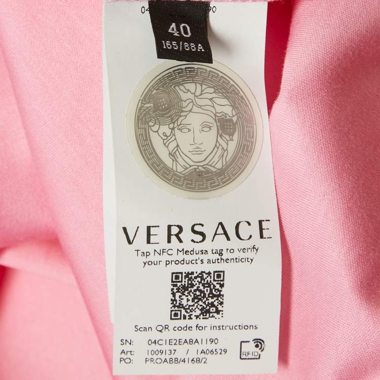 Pre Owned Versace Pink Goddess Print Cotton Knotted Crop Top S