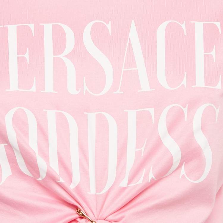 Pre Owned Versace Pink Goddess Print Cotton Knotted Crop Top S