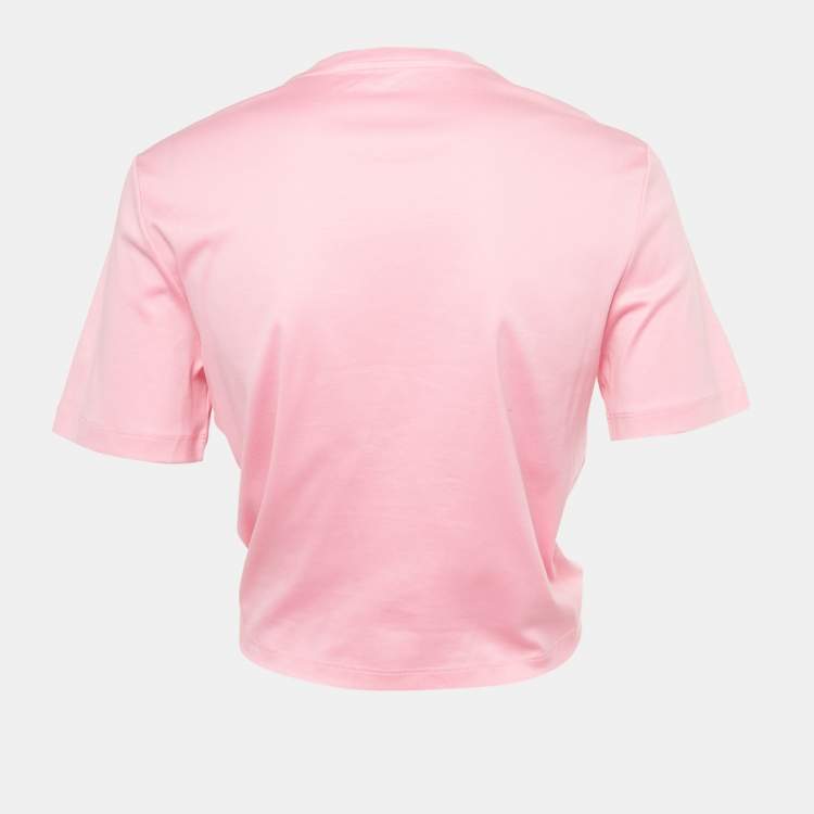 Pre Owned Versace Pink Goddess Print Cotton Knotted Crop Top S