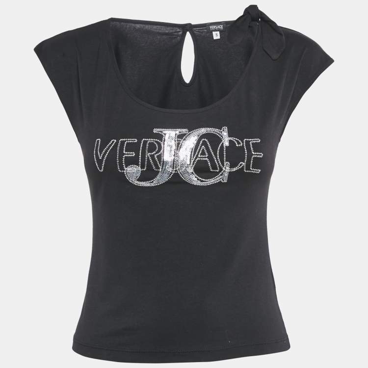 Pre Owned Versace Jeans Couture Black Logo Sequin Jersey Top S