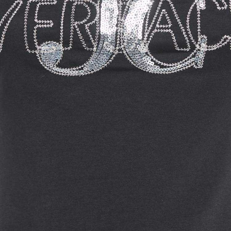 Pre Owned Versace Jeans Couture Black Logo Sequin Jersey Top S