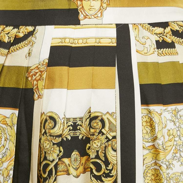 Pre Owned Versace Yellow/Black Barocco Print Silk Pleated Mini Skirt S