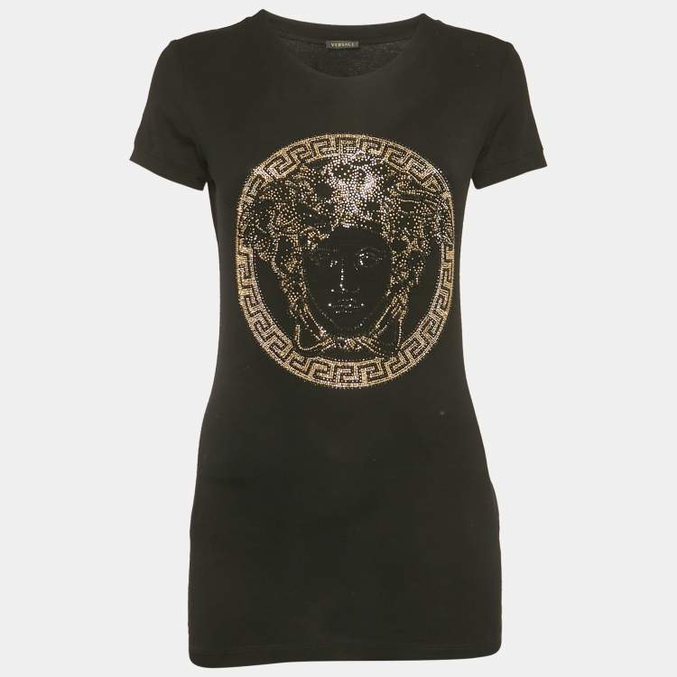 Pre Owned Versace Black Medusa Rhinestone Jersey T-Shirt M