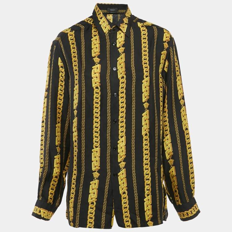 Pre Owned Versace Black/Yellow Printed Silk Long Sleeve Shirt L