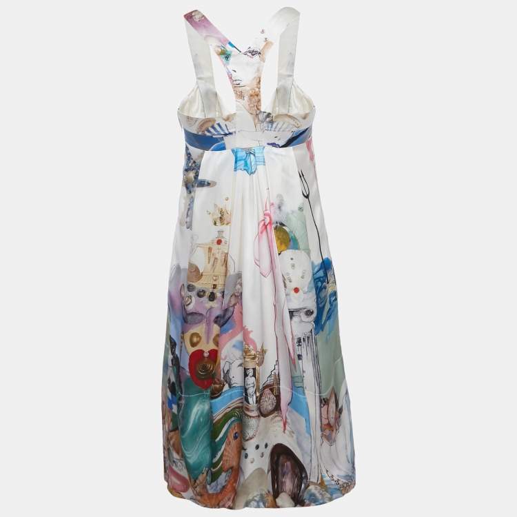 Pre Owned Versace White Underwater Barocco Print Silk Strappy Dress S