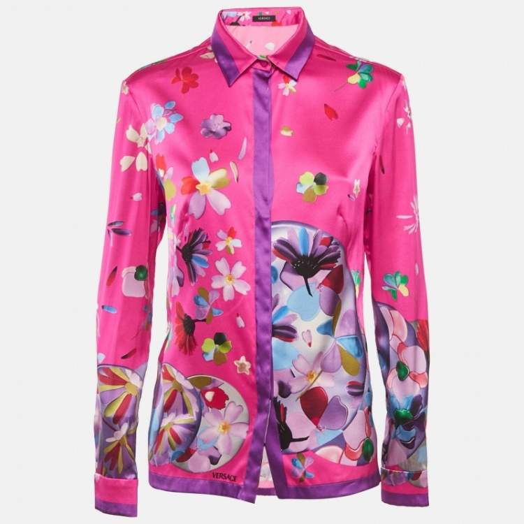 Pre Owned Versace Pink Floral Print Satin Long Sleeve Shirt M