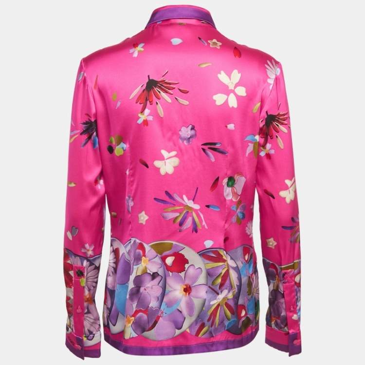 Pre Owned Versace Pink Floral Print Satin Long Sleeve Shirt M