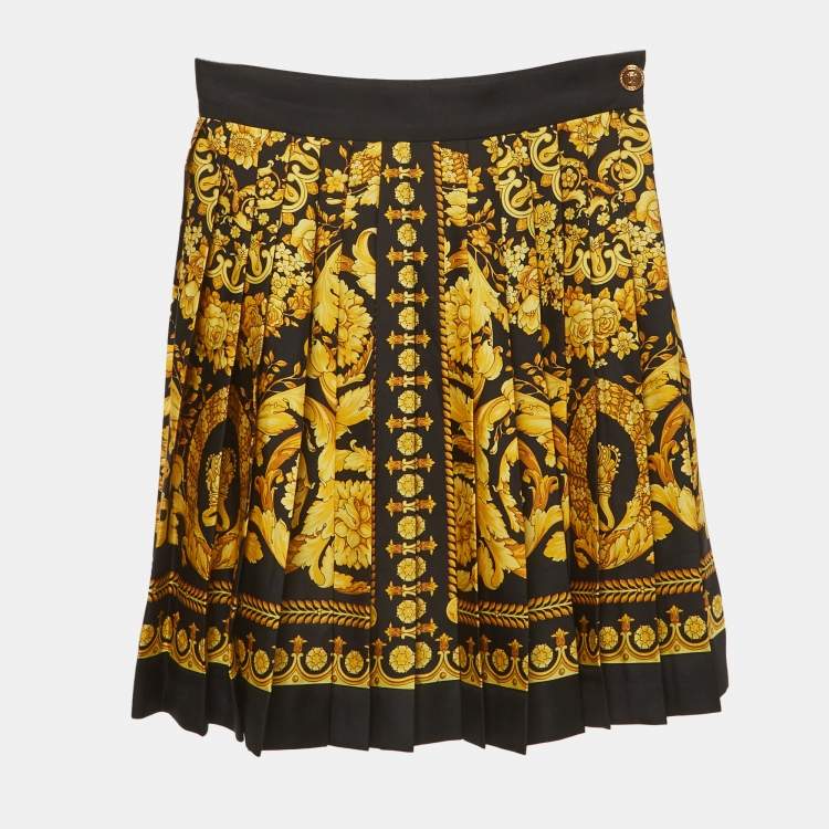 Pre Owned Versace Black Barocco Print Silk Pleated Mini Skirt XS
