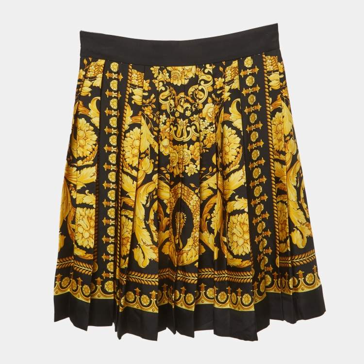 Pre Owned Versace Black Barocco Print Silk Pleated Mini Skirt XS