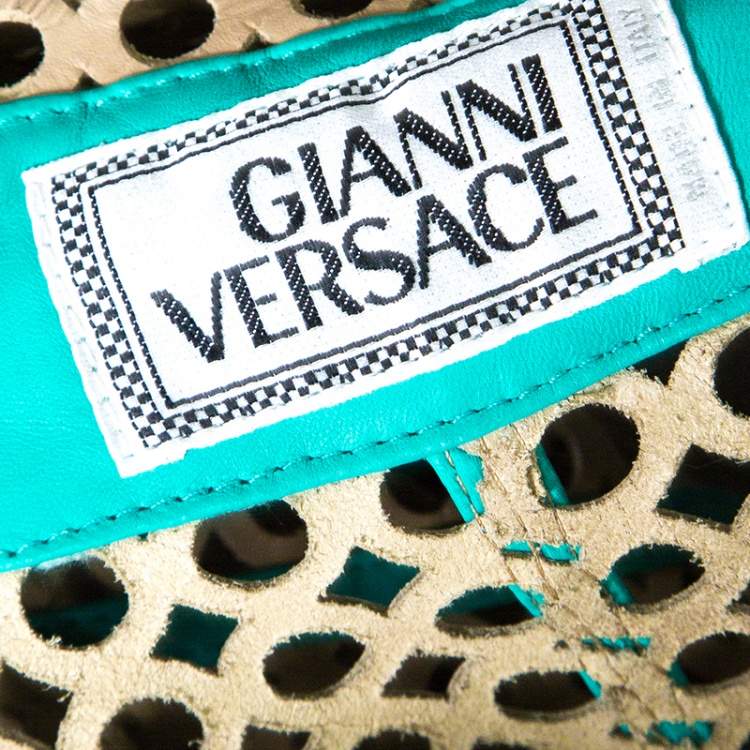 Pre Owned Gianni Versace Vintage Beige Cutout Leather Contrast Trim Belted Coat M