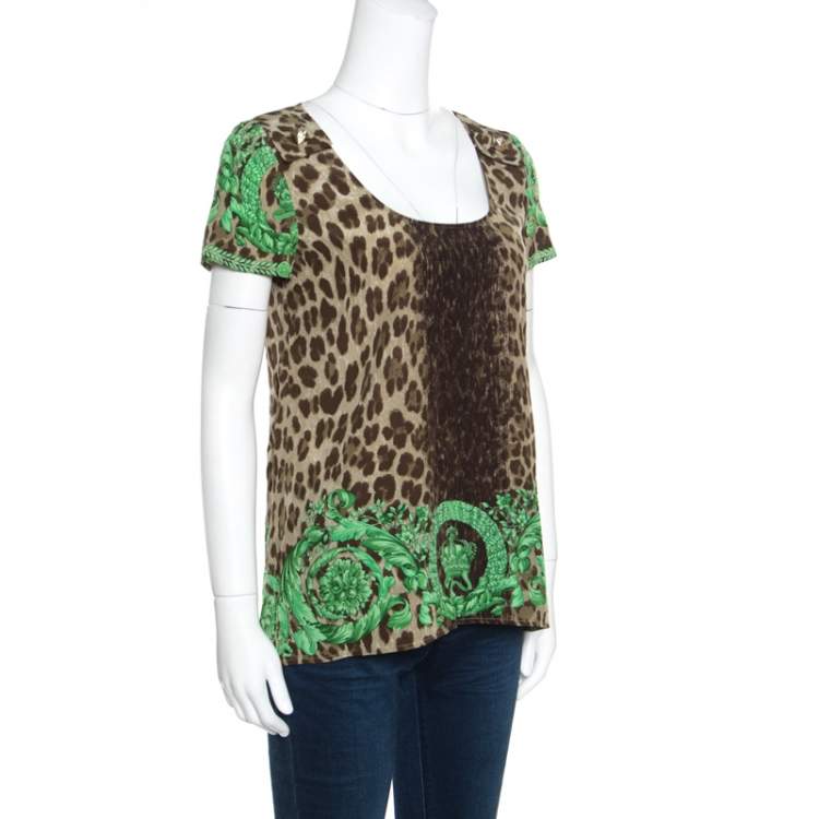 Pre Owned Versace Leopard and Baroque Printed Silk Shoulder Rivet Detail Top S