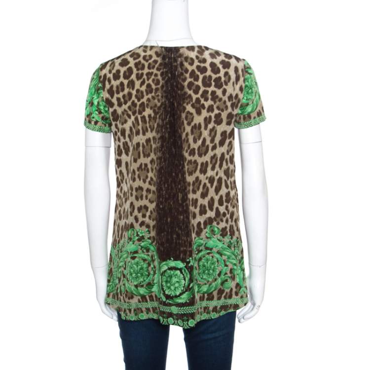 Pre Owned Versace Leopard and Baroque Printed Silk Shoulder Rivet Detail Top S