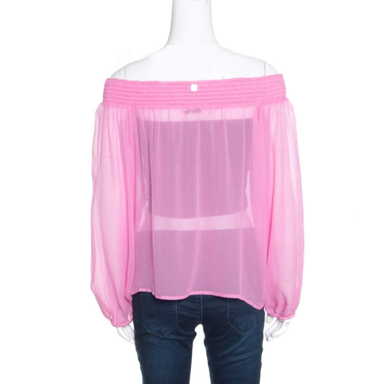 مملوكة مسبقًا Versace Collection Pink Sheer Silk Smocked Off Shoulder Long Sleeve Blouse L