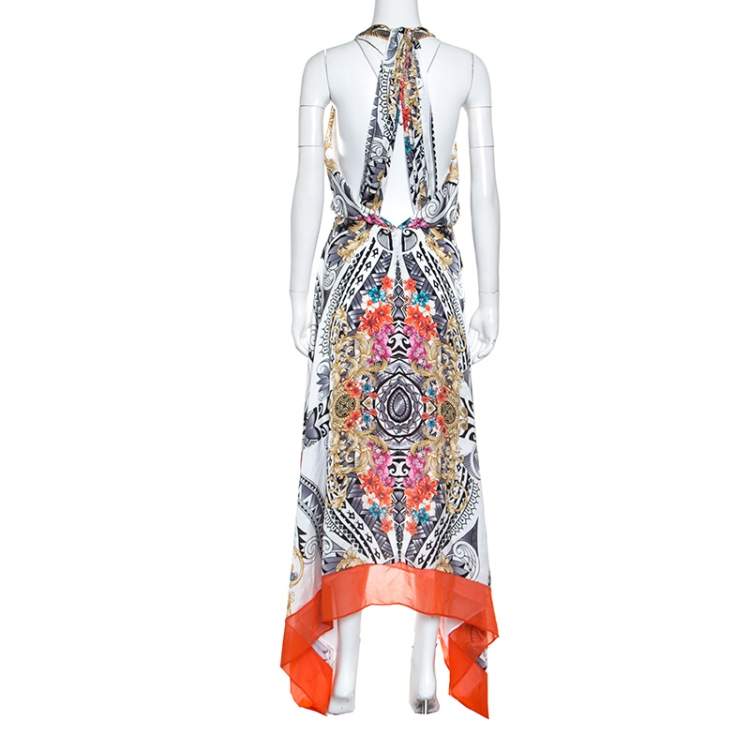 Pre Owned Versace Collection Multicolor Printed Plunge Neck Handkerchief Hem Detail Dress S