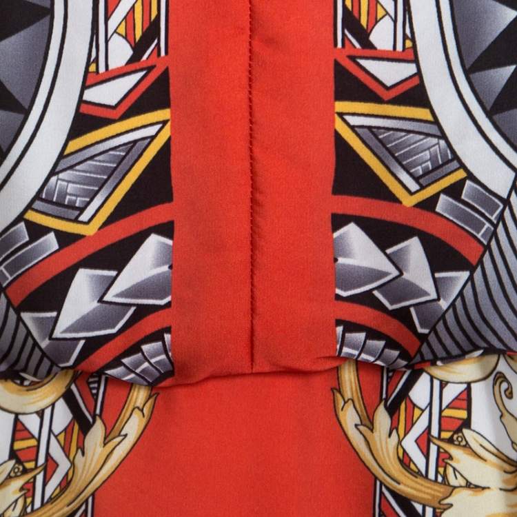 Pre Owned Versace Collection Multicolor Printed Plunge Neck Handkerchief Hem Detail Dress S