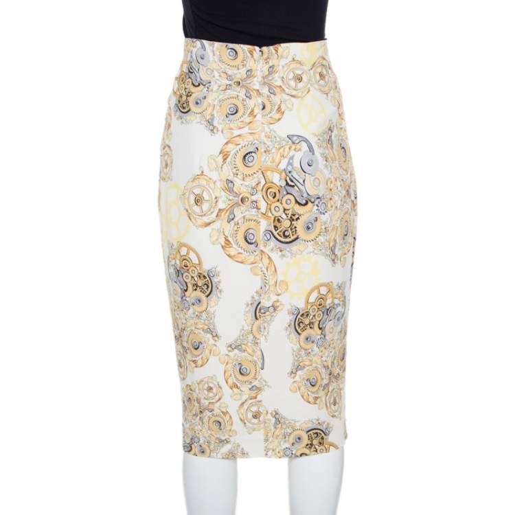 Pre Owned Versace Collection Cream Printed Pencil Midi Skirt M