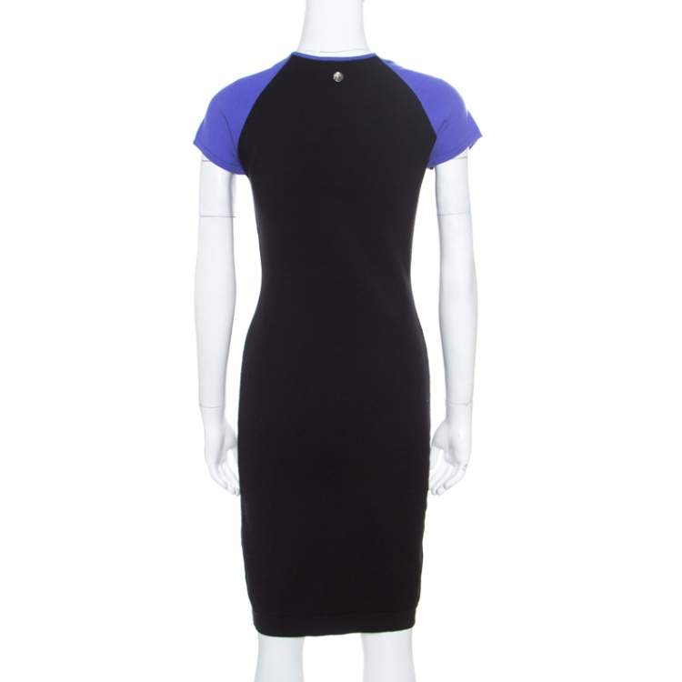 Pre Owned Versace Collection Black and Purple Jacquard Knit Fitted Cap Sleeve Dress M