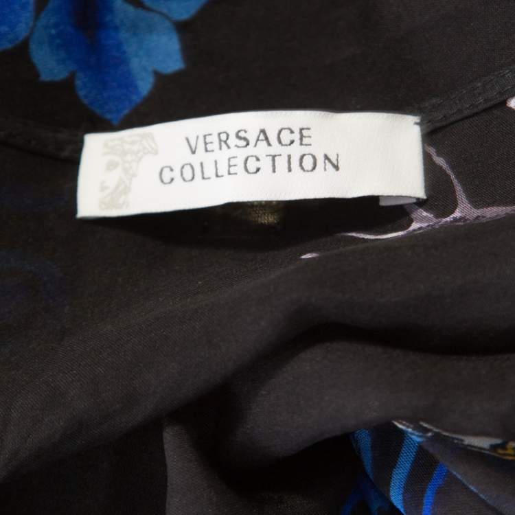 Pre Owned Versace Collection Black Shell Printed Silk Tasseled Edge Beach Kimono M
