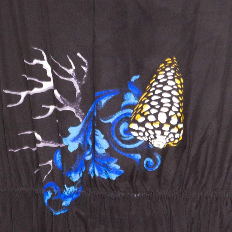 Pre Owned Versace Collection Black Shell Printed Silk Tasseled Edge Beach Kimono M