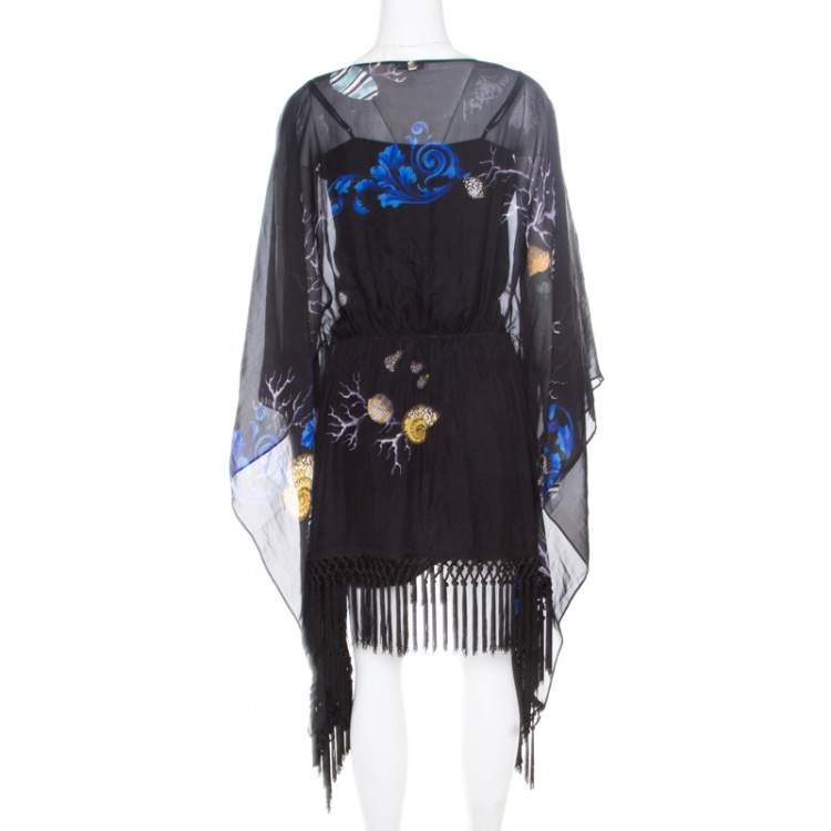 Pre Owned Versace Collection Black Shell Printed Silk Tasseled Edge Beach Kimono M