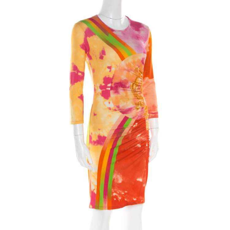 Pre Owned Versace Multicolor Baroque Printed Jersey Ruched Dress S