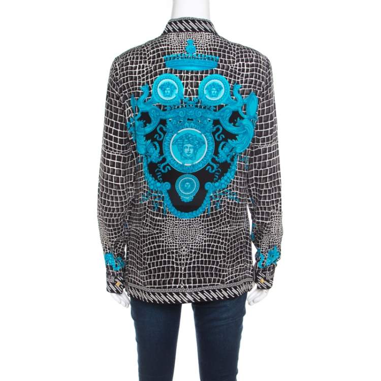 Pre Owned Versace Black and Blue Abstract Medusa Print Silk Blouse M