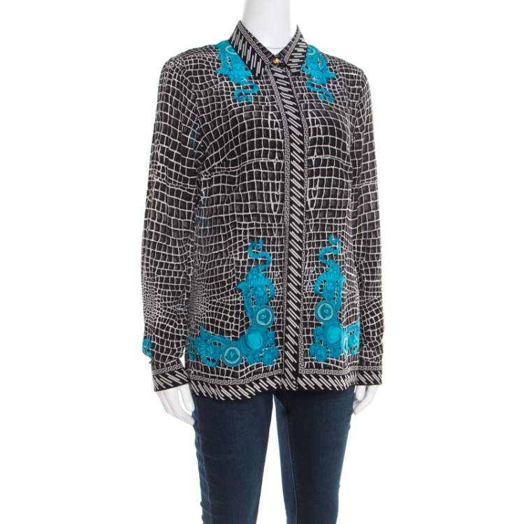 Pre Owned Versace Black and Blue Abstract Medusa Print Silk Blouse M