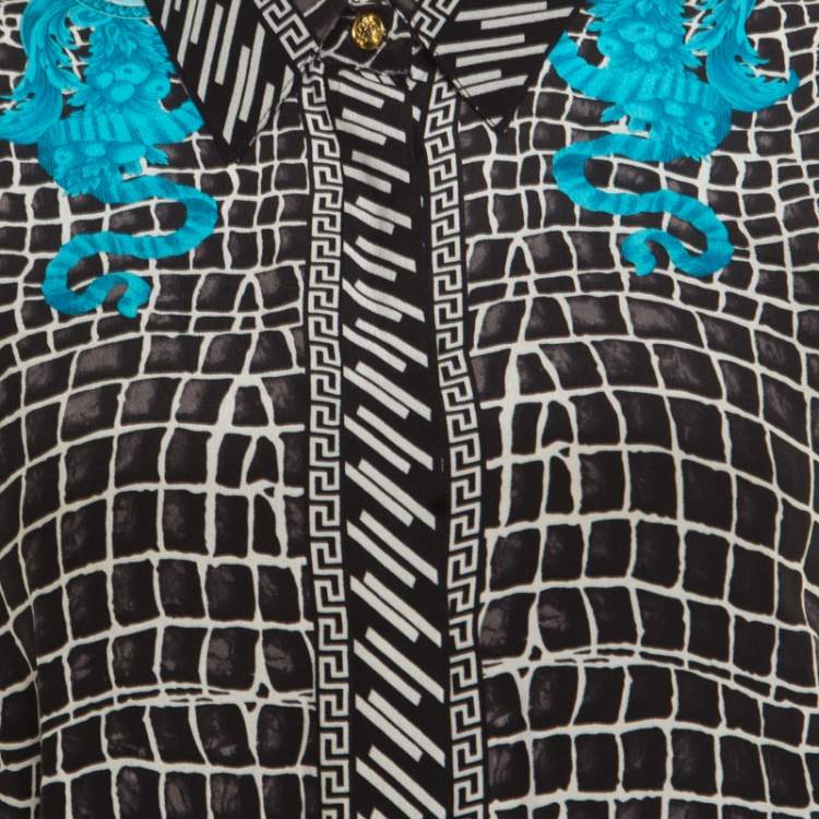 Pre Owned Versace Black and Blue Abstract Medusa Print Silk Blouse M