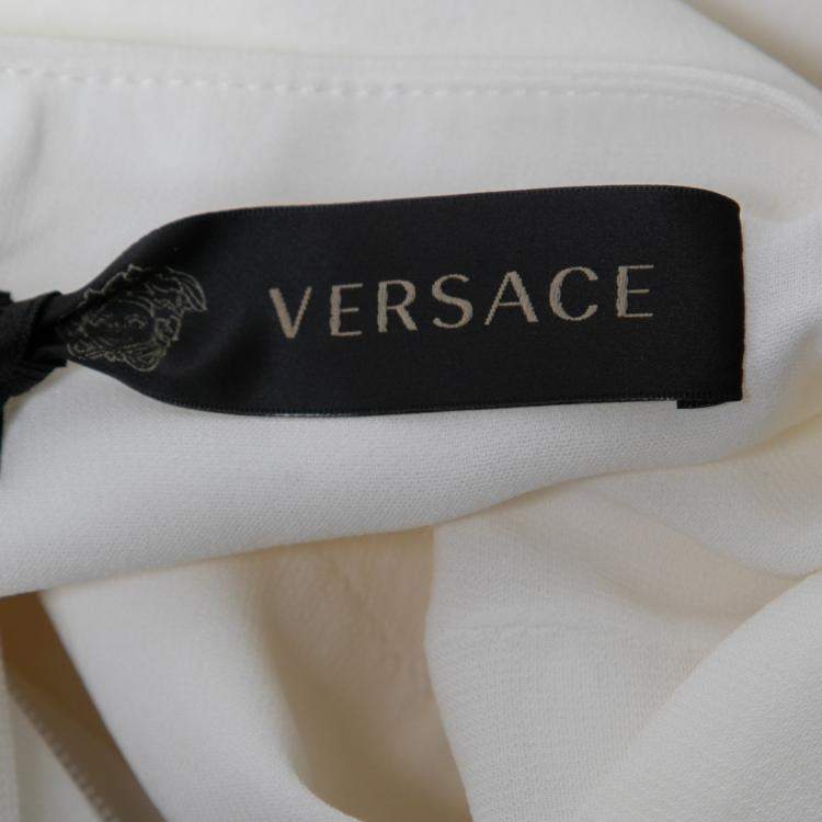 Pre Owned Versace Off White Crepe Stretch Asymmetric Panel Tiered Pencil Skirt M