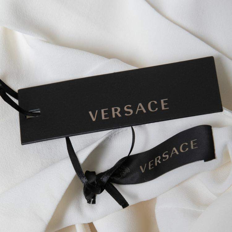 Pre Owned Versace Off White Crepe Stretch Asymmetric Panel Tiered Pencil Skirt M