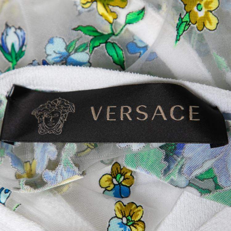 Pre Owned Versace White Stretch Crepe Floral Printed Sheer Yoke Sleeveless Dress S