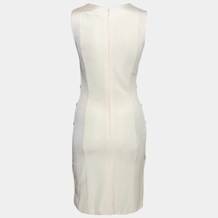 Pre Owned Versace Cream Knit Rose Gold Medusa Button Detail Sleeveless Fitted Dress M