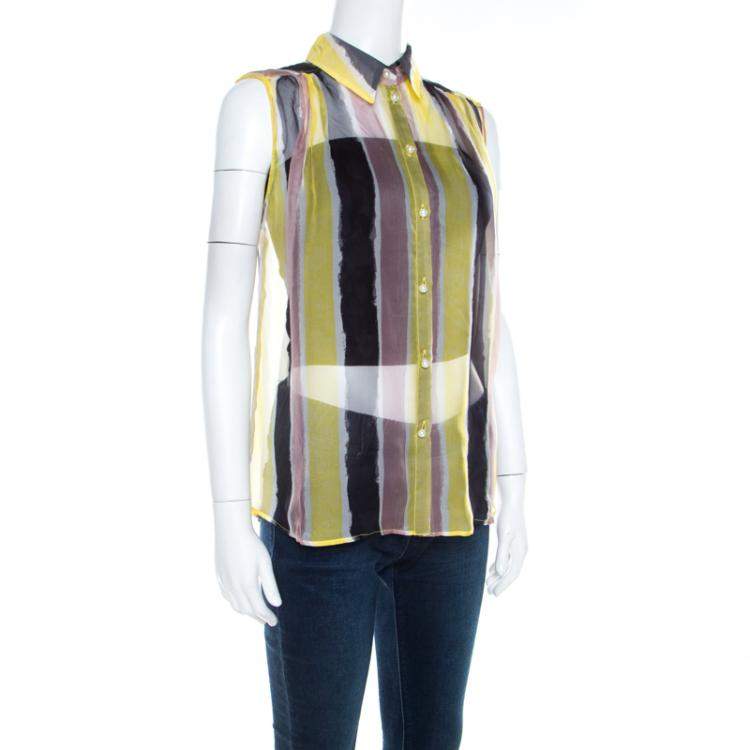 Pre Owned Versace Collection Multicolor Striped Sheer Silk Pearl Button Detail Sleeveless Shirt M