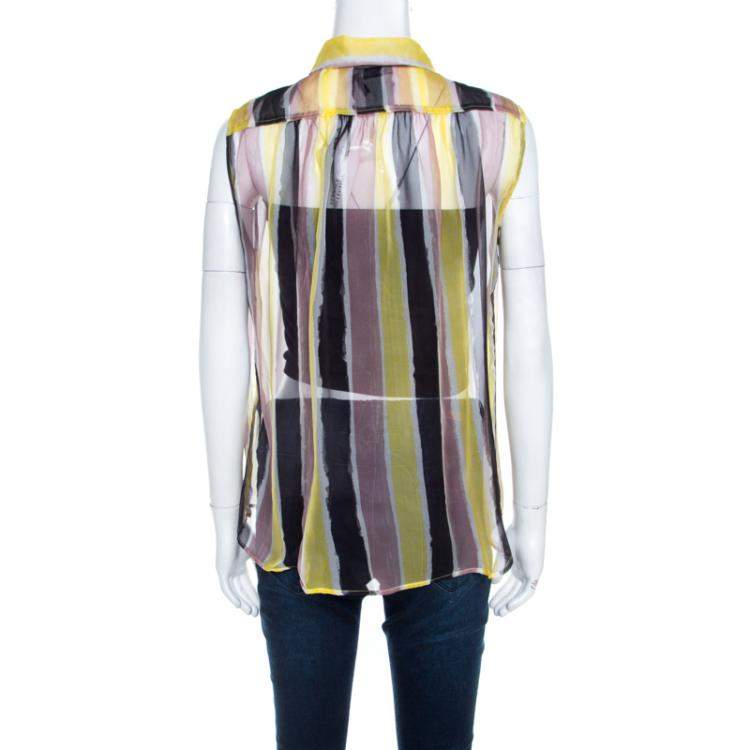 Pre Owned Versace Collection Multicolor Striped Sheer Silk Pearl Button Detail Sleeveless Shirt M