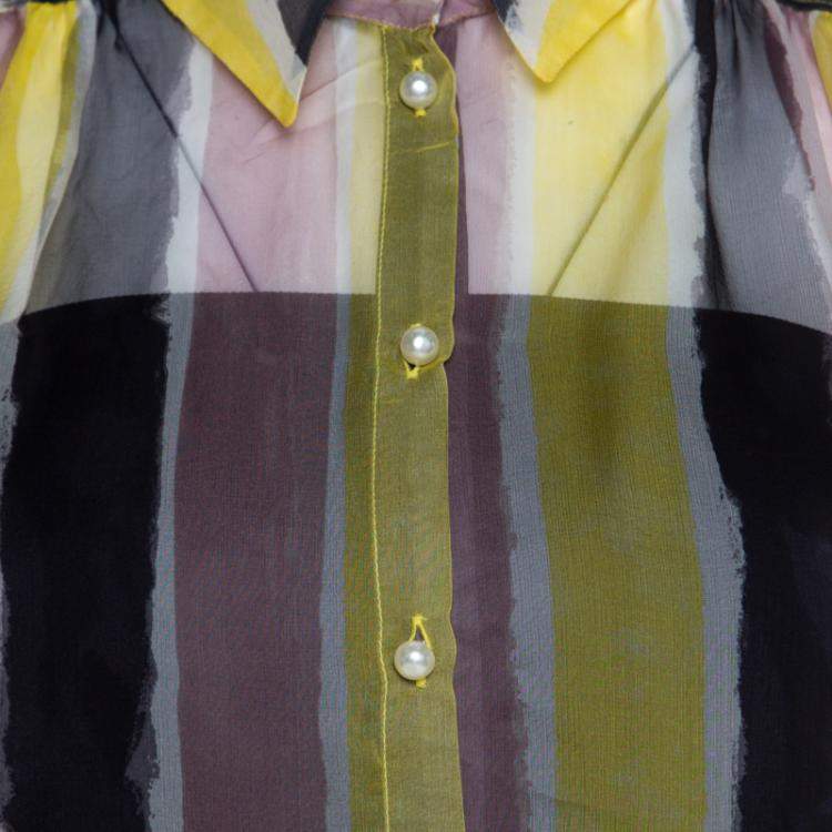 Pre Owned Versace Collection Multicolor Striped Sheer Silk Pearl Button Detail Sleeveless Shirt M