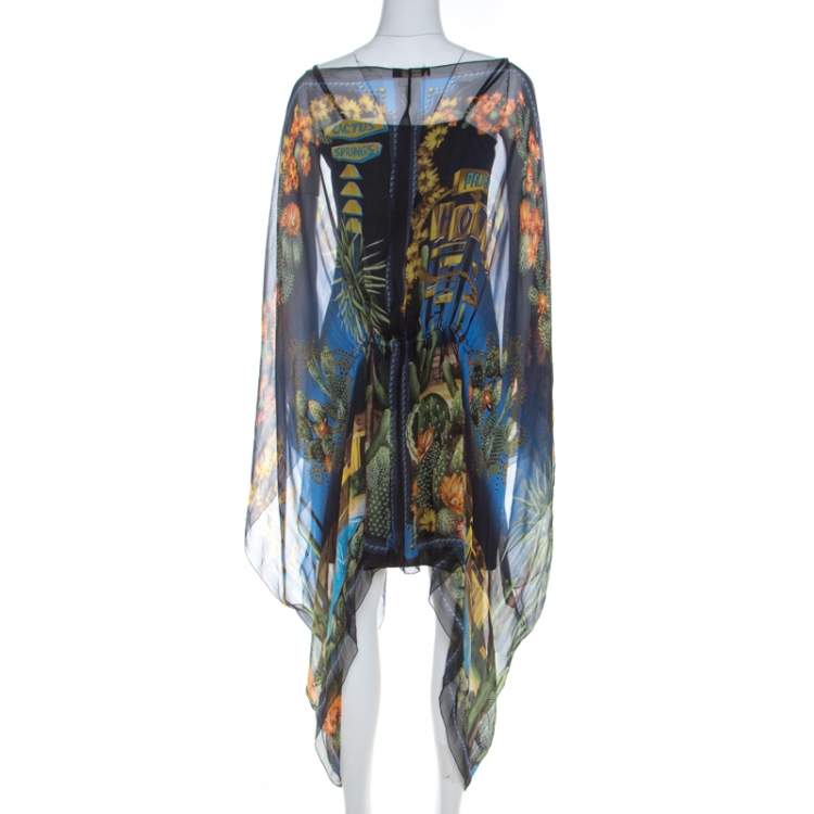 Pre Owned Versace Multicolor Palm Springs Print Sheer Silk Kaftan Top L